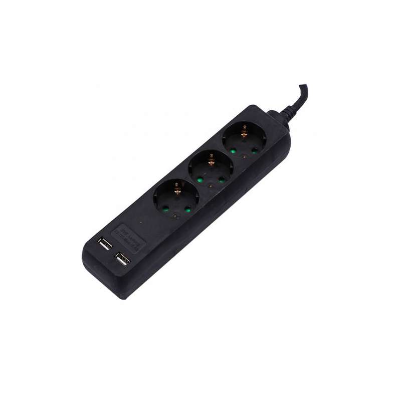 Enchufe 3 tomas con 2 puertos USB Negro con cable 1.5m - VTAC